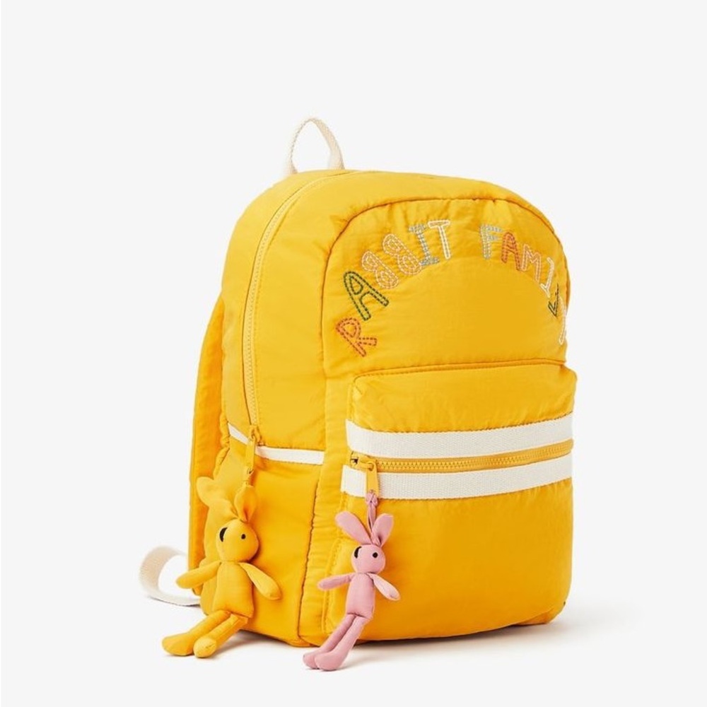 Zara Bright Yellow Kids Backpack with bunny Charms embroidered rabbit family